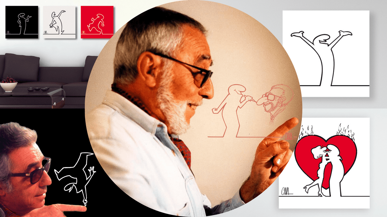 Ritratto di Osvaldo Cavandoli con una selezione delle sue opere minimaliste in sfondo, inclusi personaggi iconici di La Linea in varie posture espressive.