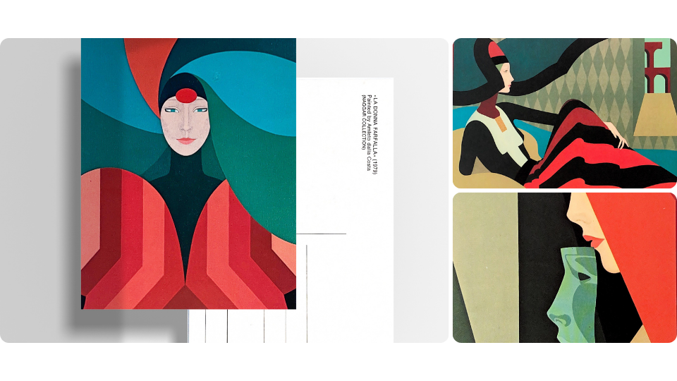 Tre cartoline d'arte con ritratti stilizzati di figure femminili in colori vivaci, firmate da Dalla Costa.