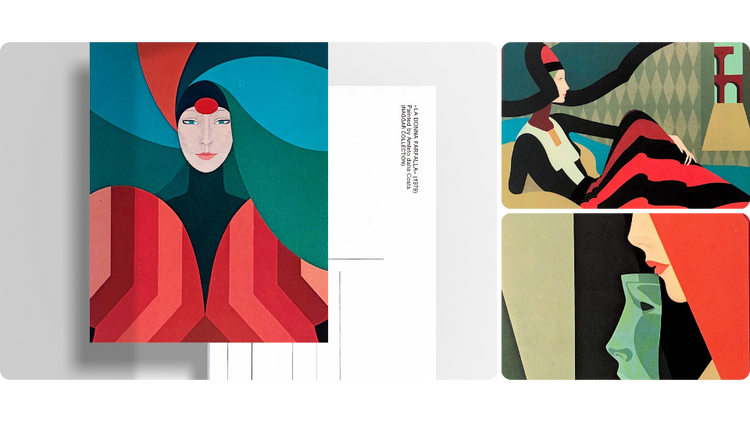 Tre cartoline d'arte con ritratti stilizzati di figure femminili in colori vivaci, firmate da Dalla Costa.