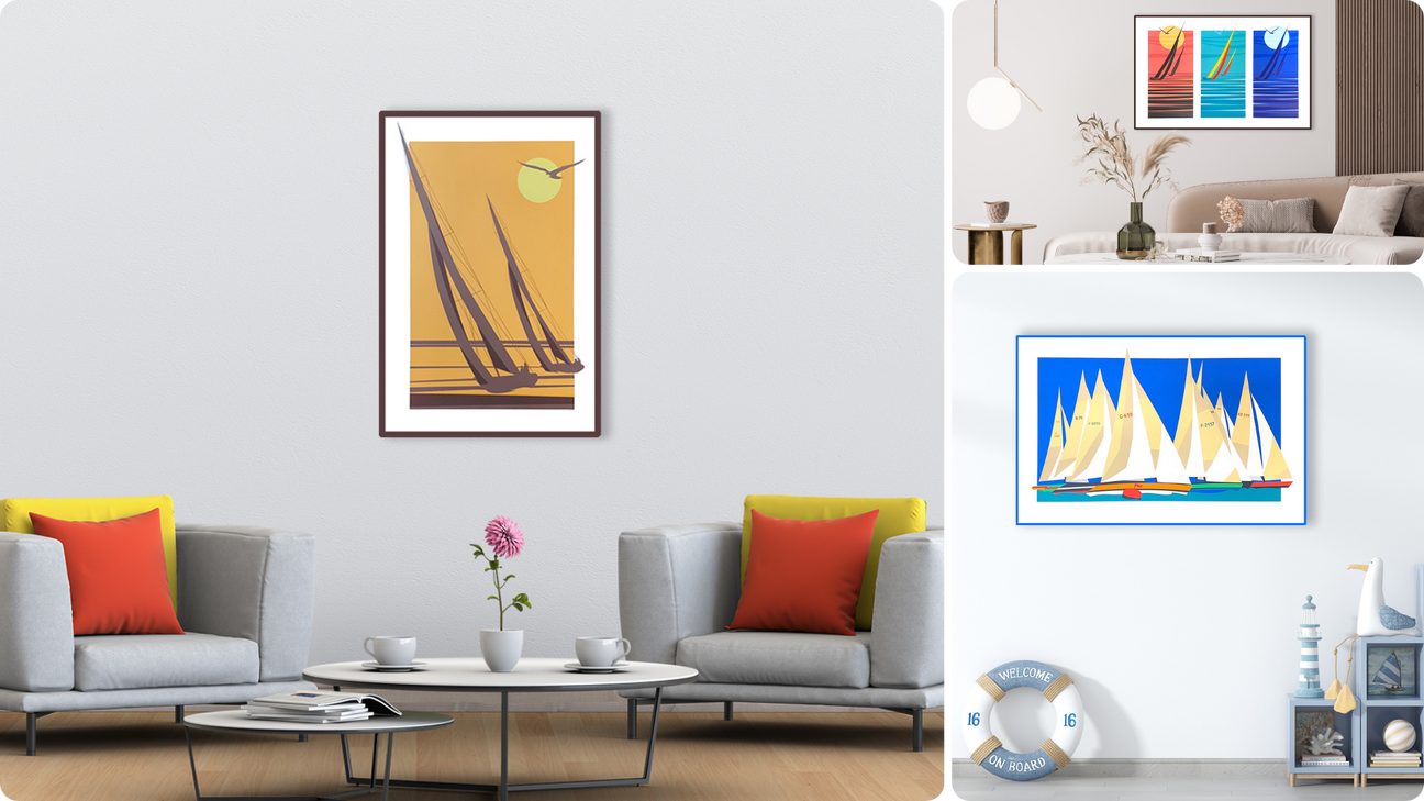 Collezione d'arte nautica di Amleto Dalla Costa con vele colorate su tela, esprimendo la passione e l'energia della vela.