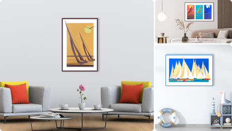 Collezione d'arte nautica di Amleto Dalla Costa con vele colorate su tela, esprimendo la passione e l'energia della vela.