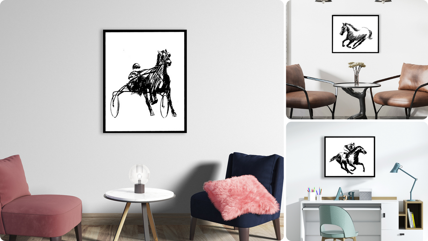 Una serie di opere d'arte monocromatiche che raffigurano eleganti figure equine in movimento, firmate da Amleto Dalla Costa, perfette per aggiungere un tocco di dinamismo ed eleganza a qualsiasi ambiente.