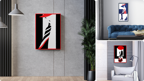 Serie di serigrafie su tela di Amleto Dalla Costa con donne stilizzate in rosso e nero, rappresentazione artistica di movimento e grazia, ideale per salotti contemporanei.