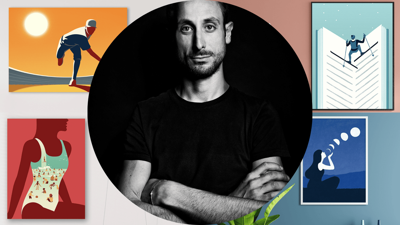 Joey Guidone, in bianco e nero, affiancato dalle sue opere colorate e grafiche, rappresenta scene dinamiche di vita quotidiana e sport, dimostrando un talento unico nel trasmettere movimento e emozione.