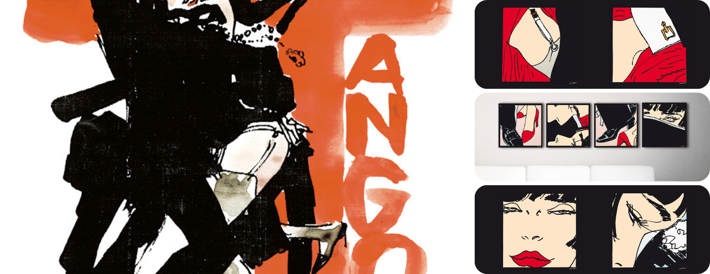 Collezione Tango di Hugo Pratt con illustrazioni emozionanti che ritraggono la passione e il ritmo del tango in uno stile grafico distintivo.