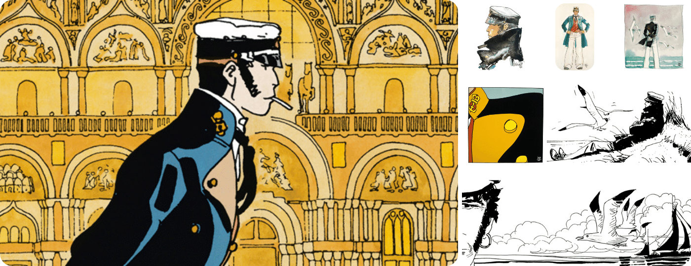 Collezione esclusiva HUGO PRATT, con rappresentazioni di Corto Maltese in avventure grafiche distintive e stile artistico inconfondibile.