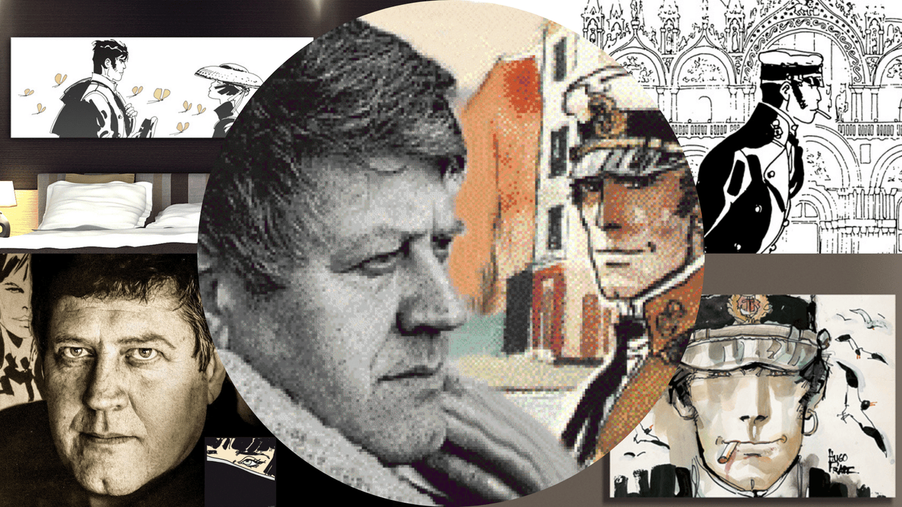 Hugo Pratt, celebre fumettista, circondato dalle sue famose opere di Corto Maltese. Schizzi dettagliati in varie avventure, con uno stile di disegno in bianco e nero che ha affascinato fan in tutto il mondo.