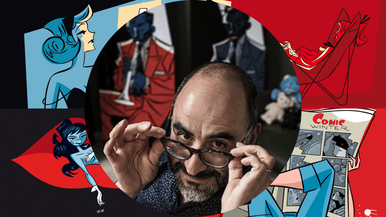 Ritratto di Antonio Lapone, circondato da opere in stile fumetto e arte grafica, inclusi personaggi eleganti e scene vivaci, che riflettono il suo stile distintivo e colorato.