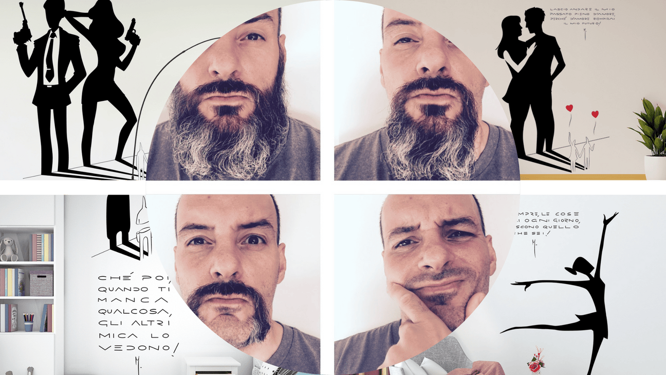 Ritratto di Marchitto con uno sfondo composto da murales artistici e citazioni ispiratrici, che evidenziano lo stile unico e l'approccio creativo delle opere di Mycrom.