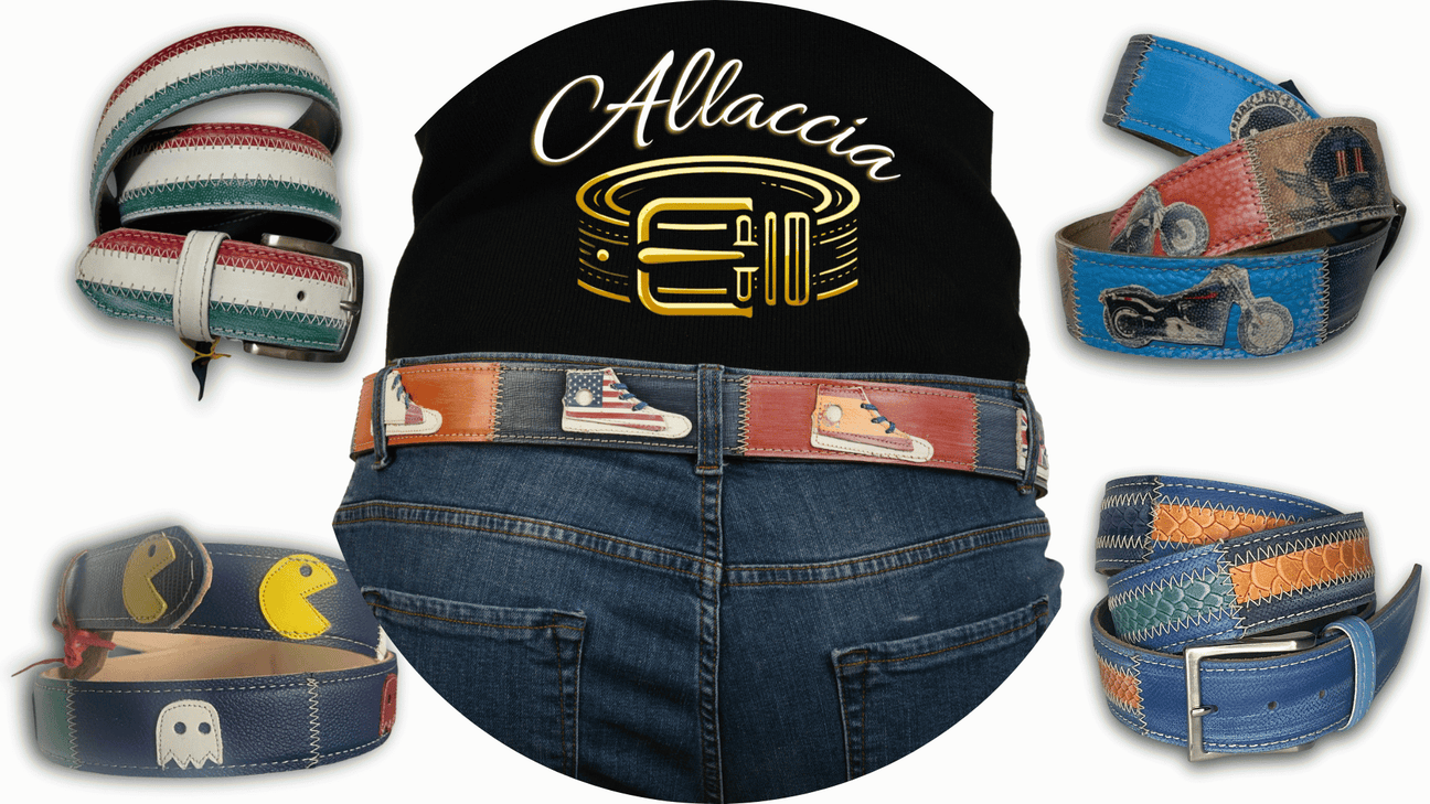 Vari assortimenti di cinture artistiche dalla collezione ALLACCIA di Mycromart, con dettagli di design su un background con logo luminoso.