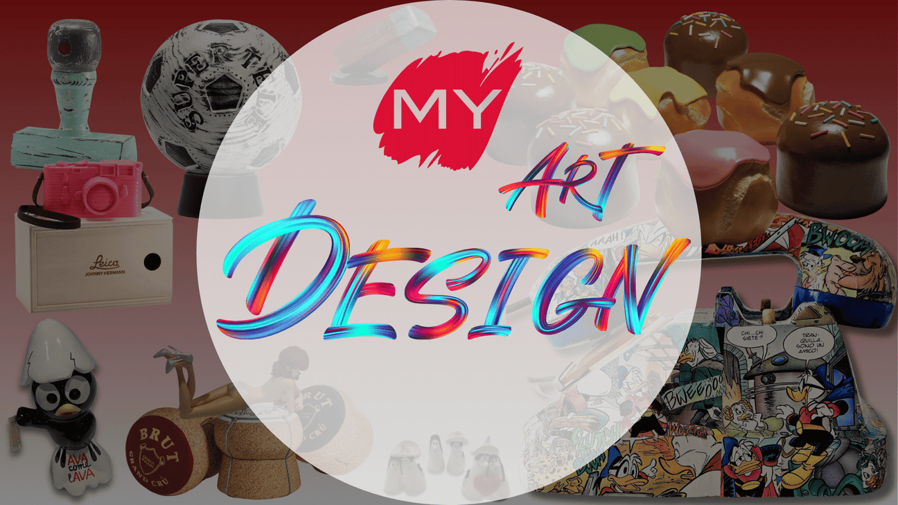 Immagine che rappresenta la collezione My Art Design di Mycromart, con oggetti di design unici come timbri artistici, ceramiche, telefoni decorati e pouf innovativi.