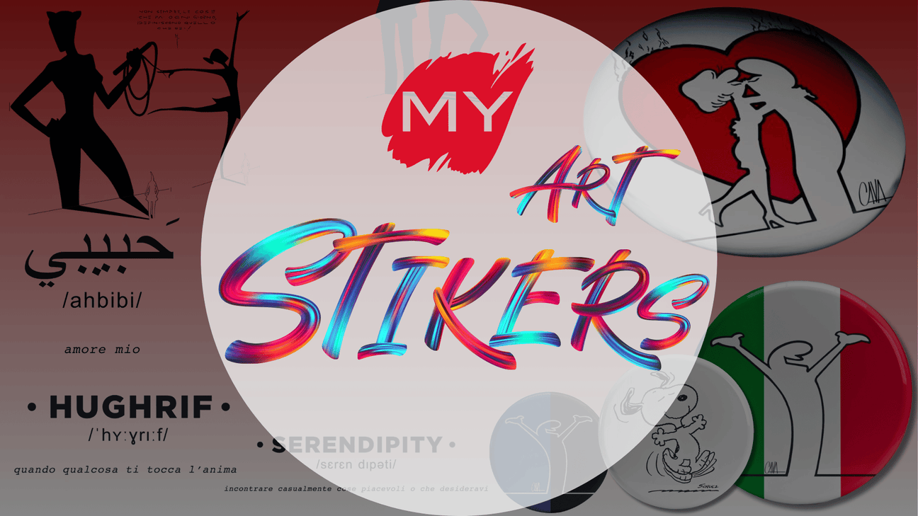 Immagine promozionale di MyCromArt Stikers: collezione di adesivi artistici con design unici e creativi, inclusi motivi italiani e illustrazioni originali.