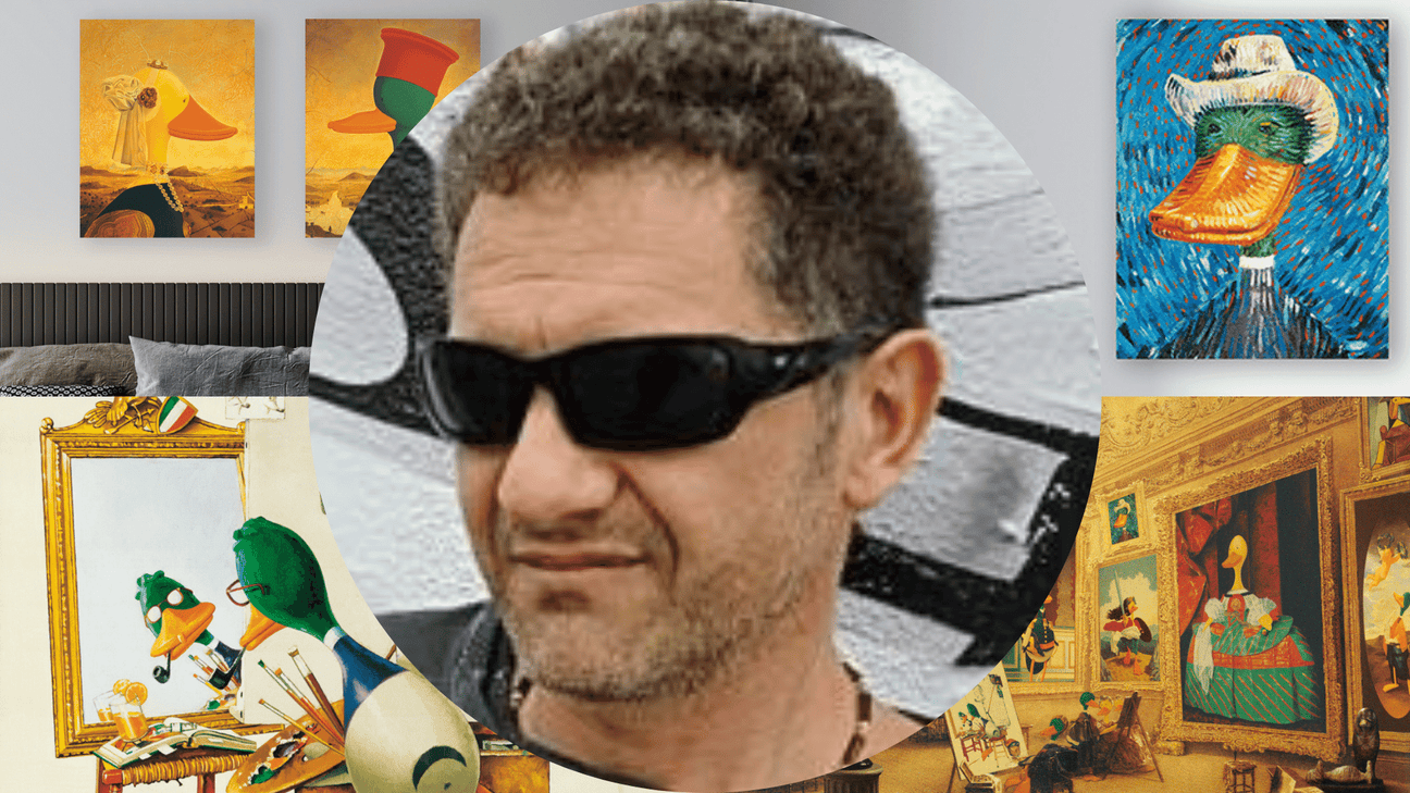 Ritratto dell'Artista Rossino circondato dalle sue opere della Collezione Ducks Gallery