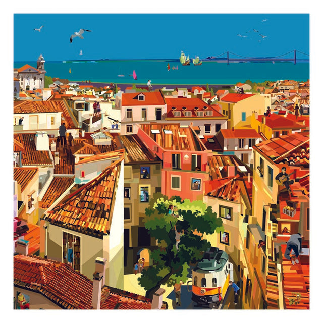 Opera "Lisbon Rooftops" di Pierpaolo Rovero, collezione "IMAGINE ALL THE PEOPLE", 30x30 cm, firmata a mano, con una vista vivace sui tetti di Lisbona.