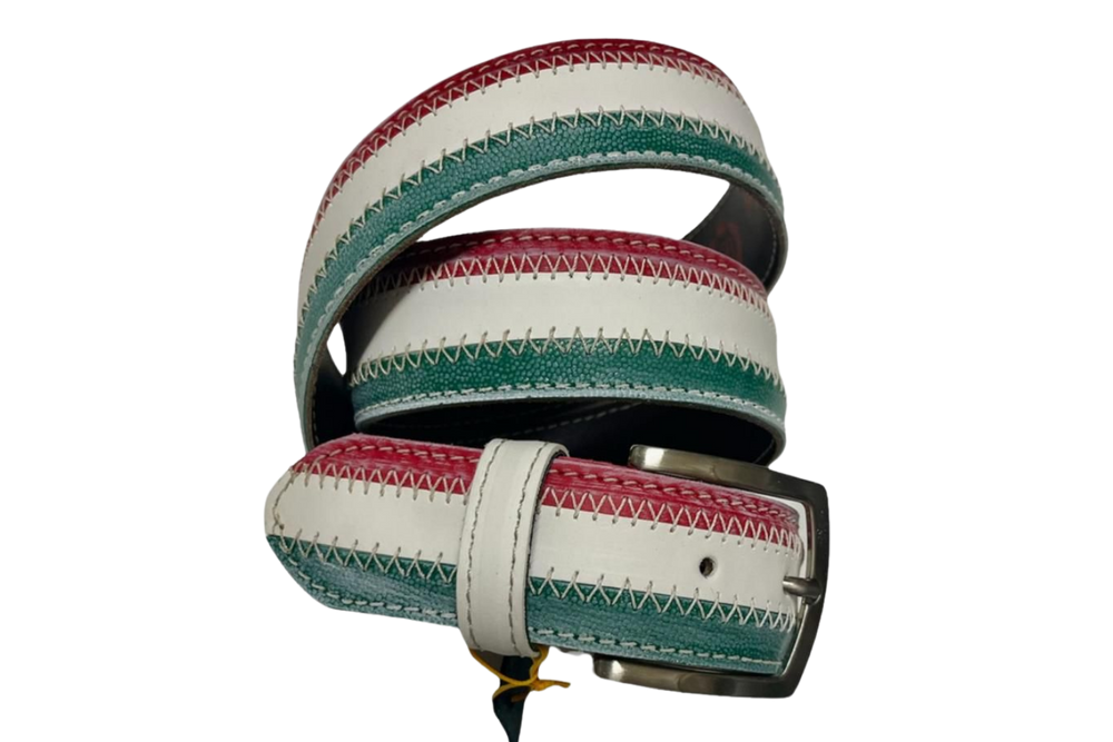 Cintura artigianale tricolore con dettagli cuciti