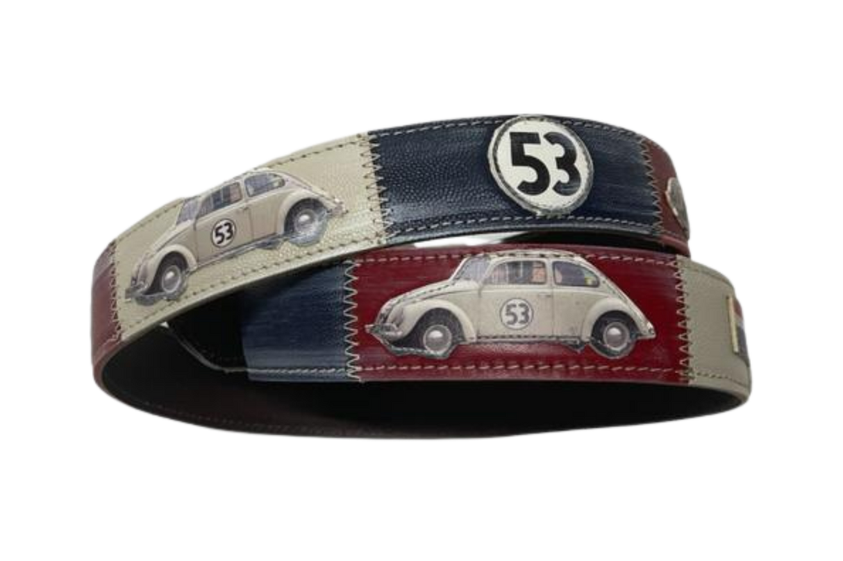 Cintura in pelle con design auto e numero 53