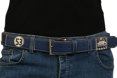 Cintura blu con design automobilistico e numero 53