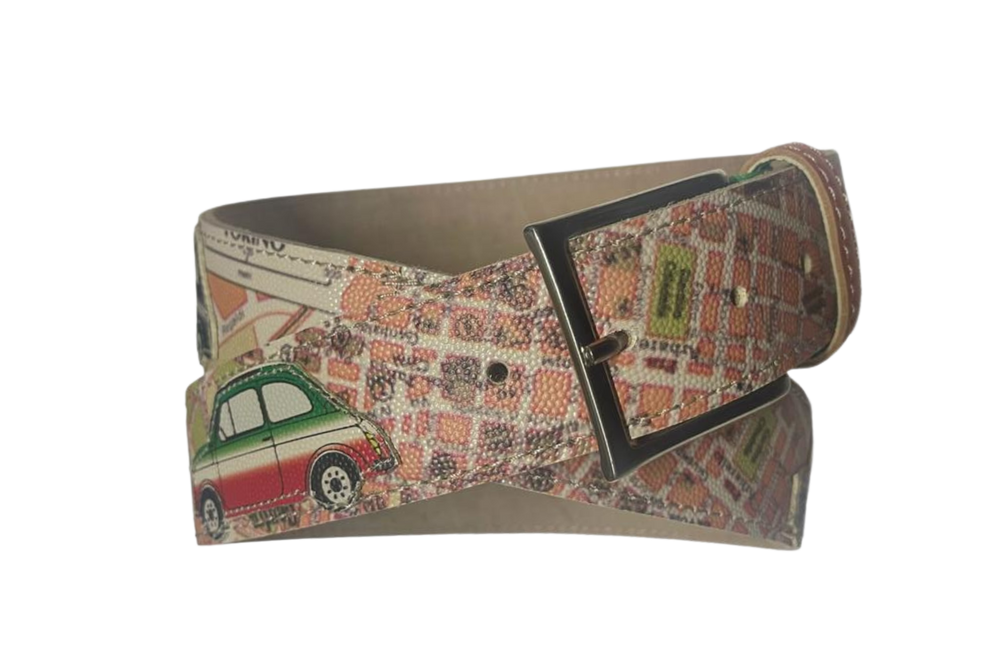 Cintura con mappa e auto vintage, fibbia classica