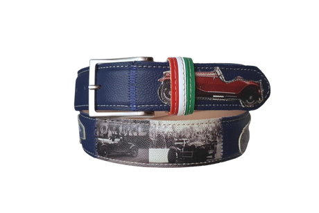 Cintura artigianale blu con auto rosse e dettagli italiani