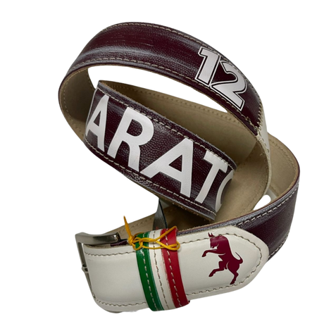 Cintura artigianale granata con numero 12 e fibbia tricolore