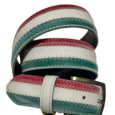 Cintura in pelle con bandiera italiana, cuciture artigianali