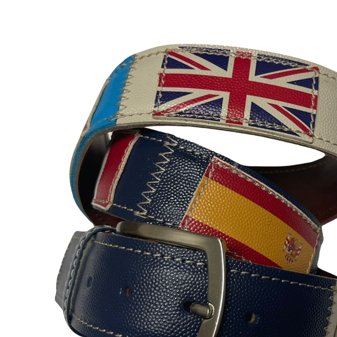 Cintura in pelle con bandiere UK e Spagna, moda internazionale
