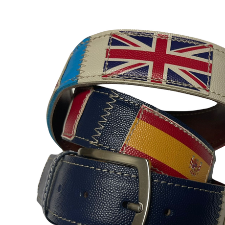 Cintura in pelle con bandiere UK e Spagna, moda internazionale