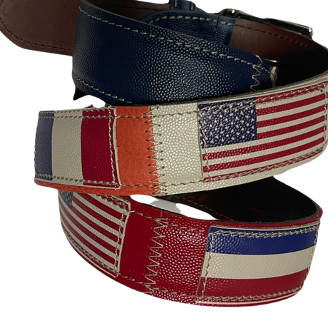 Cintura in pelle con bandiere USA e Francia, stile internazionale