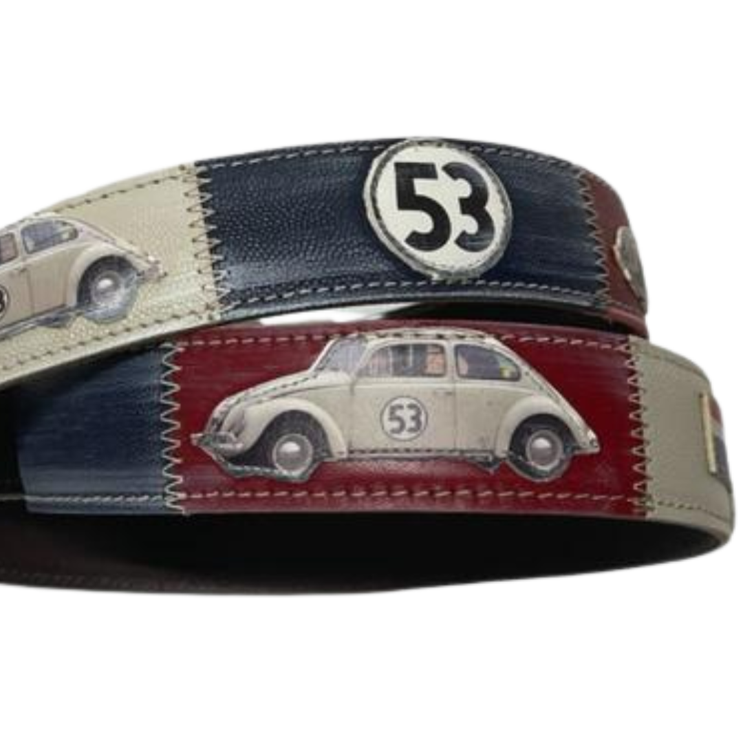 Cintura in pelle con auto d'epoca e numero 53