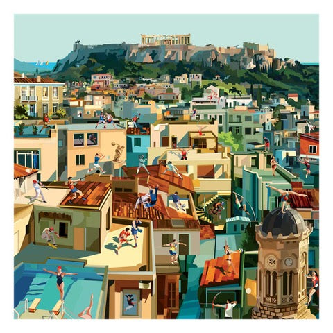 Illustrazione "Athens Plays Sports" di Pierpaolo Rovero, che raffigura cittadini ateniesi che praticano sport. Collezione "Imagine All the People".