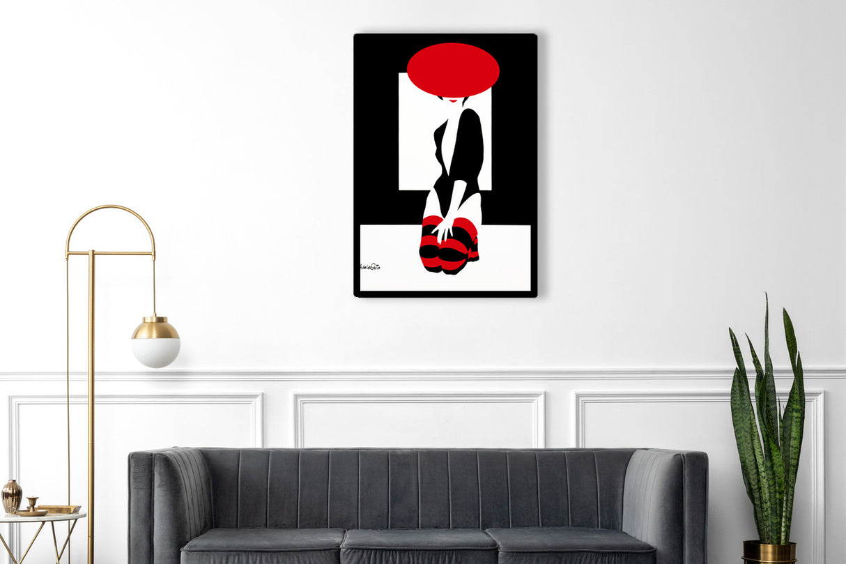 Serigrafia The Red Hat di Amleto Dalla Costa, donna seduta con cappello rosso, stile minimalista in bianco, nero e rosso, formato 40x60 cm.