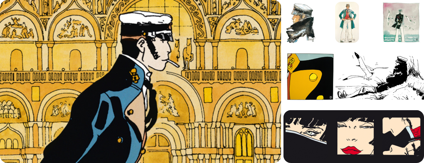 Immagine che ritrae diverse opere di Hugo Pratt e del suo personaggio iconico Corto Maltese