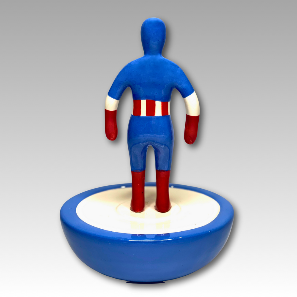Retro statuina ceramica Subbuteo supereroe blu e rosso