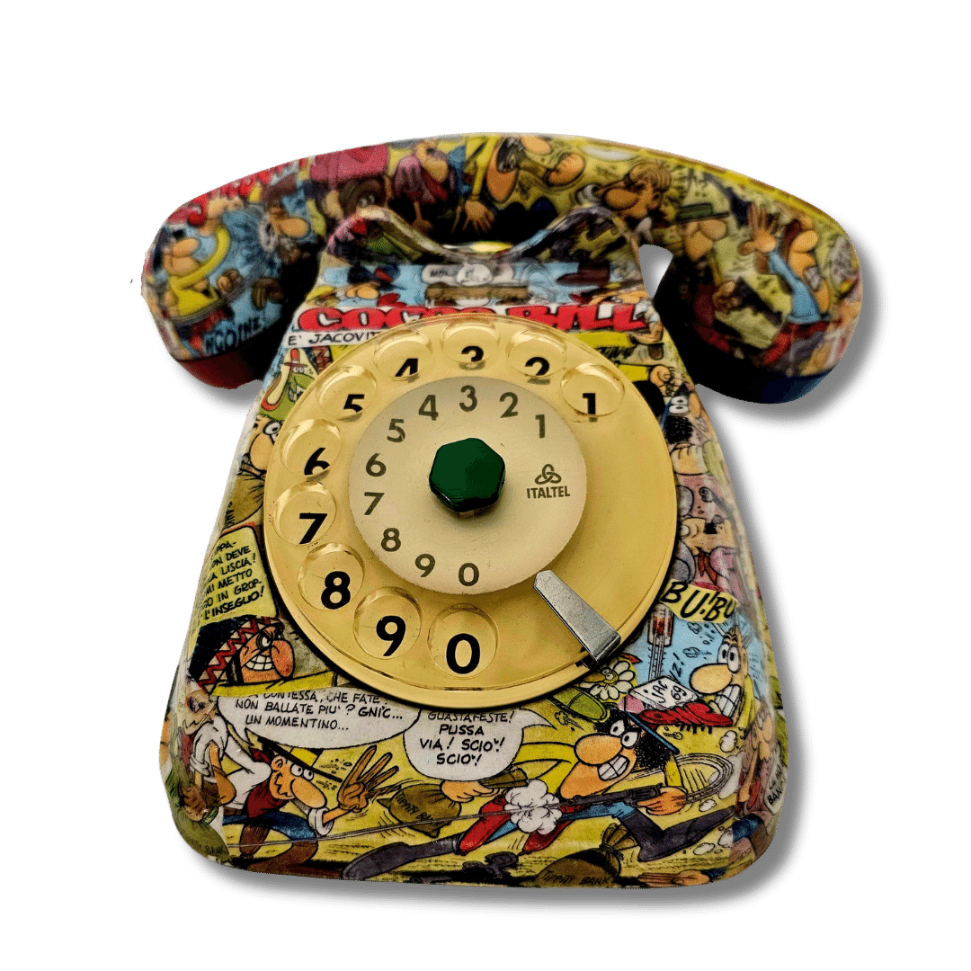 Telefono vintage Cocco Bill con arte fumetto vivace
