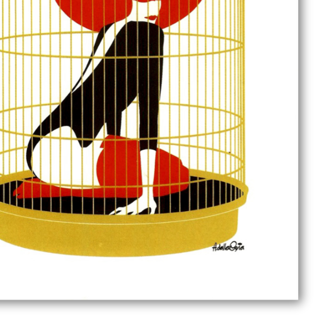 Dettaglio Serigrafia 'The Golden Cage' di Amleto Dalla Costa con silhouette femminile in una gabbia dorata, simbolo di bellezza e confinamento.
