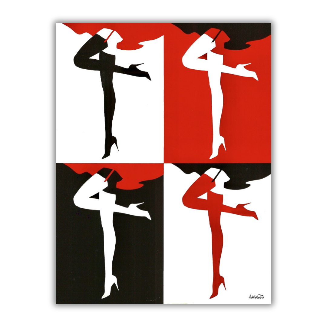 Dettaglio di stampa artistica con figure stilizzate in bianco e nero