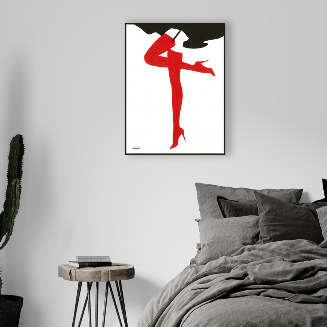 Stampa artistica serigrafata con gambe rosse su sfondo bianco