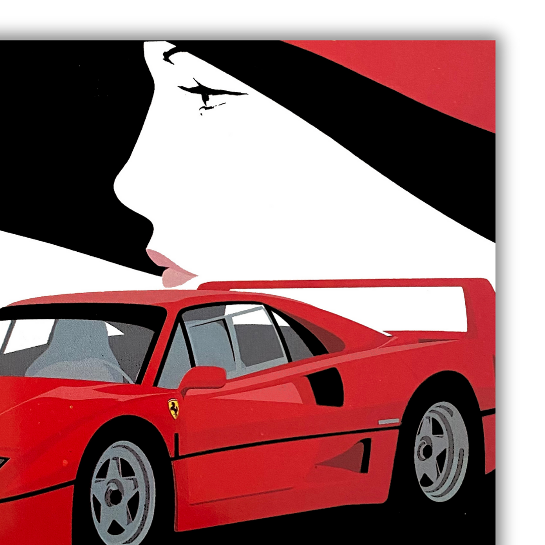 Dettaglio Quadro "Serigrafia FERRARI 'RED DREAM' di Amleto Dalla Costa, edizione limitata, con auto rossa e silhouette femminile - Collezionismo d'arte esclusivo."
