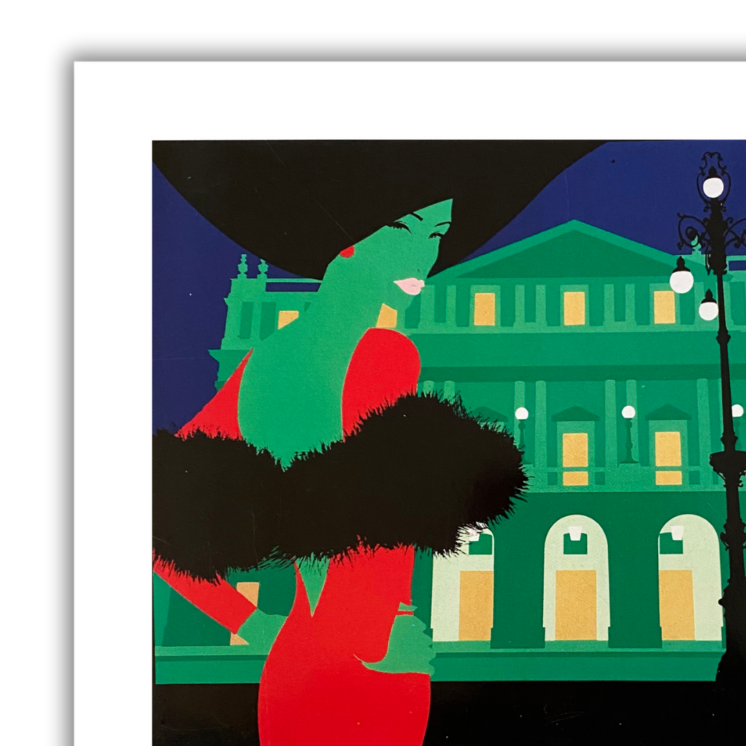 Dettaglio quadro Serigrafia 'Teatro Alla Scala' di Amleto Dalla Costa, arte limitata e firmata, cattura l'essenza della cultura e eleganza italiana.