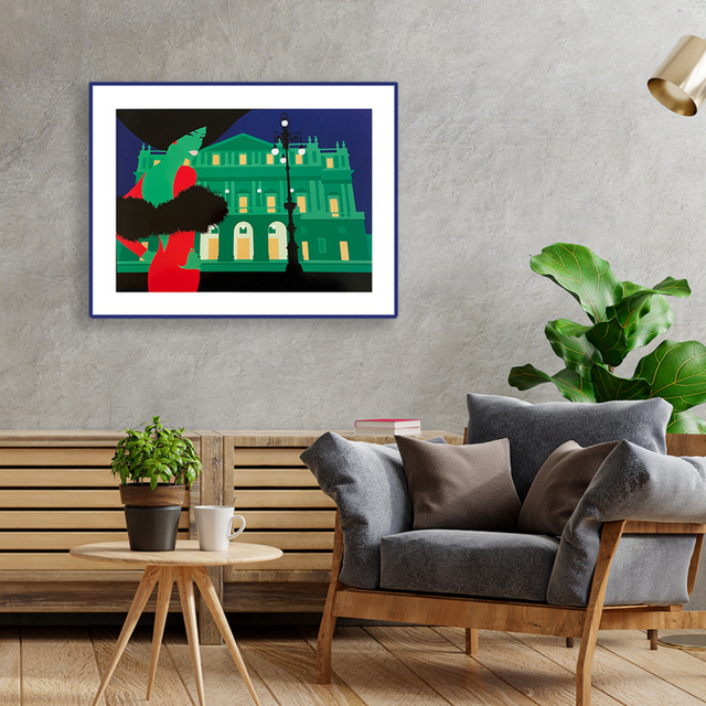 Ambientazione quadro Serigrafia 'Teatro Alla Scala' di Amleto Dalla Costa, arte limitata e firmata, cattura l'essenza della cultura e eleganza italiana.
