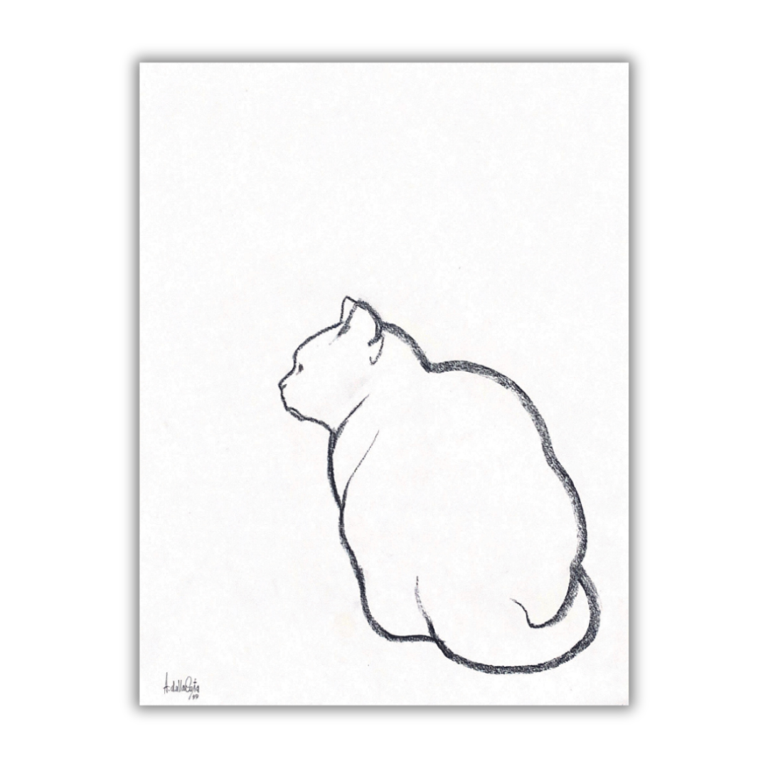 Disegno minimalista di gatto firmato Amleto Dalla Costa
