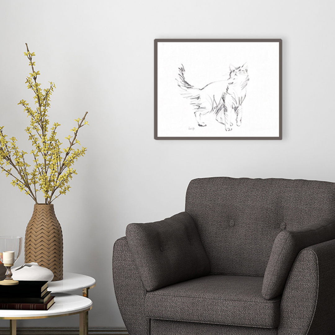 Bozzetto originale gatto incorniciato su parete moderna