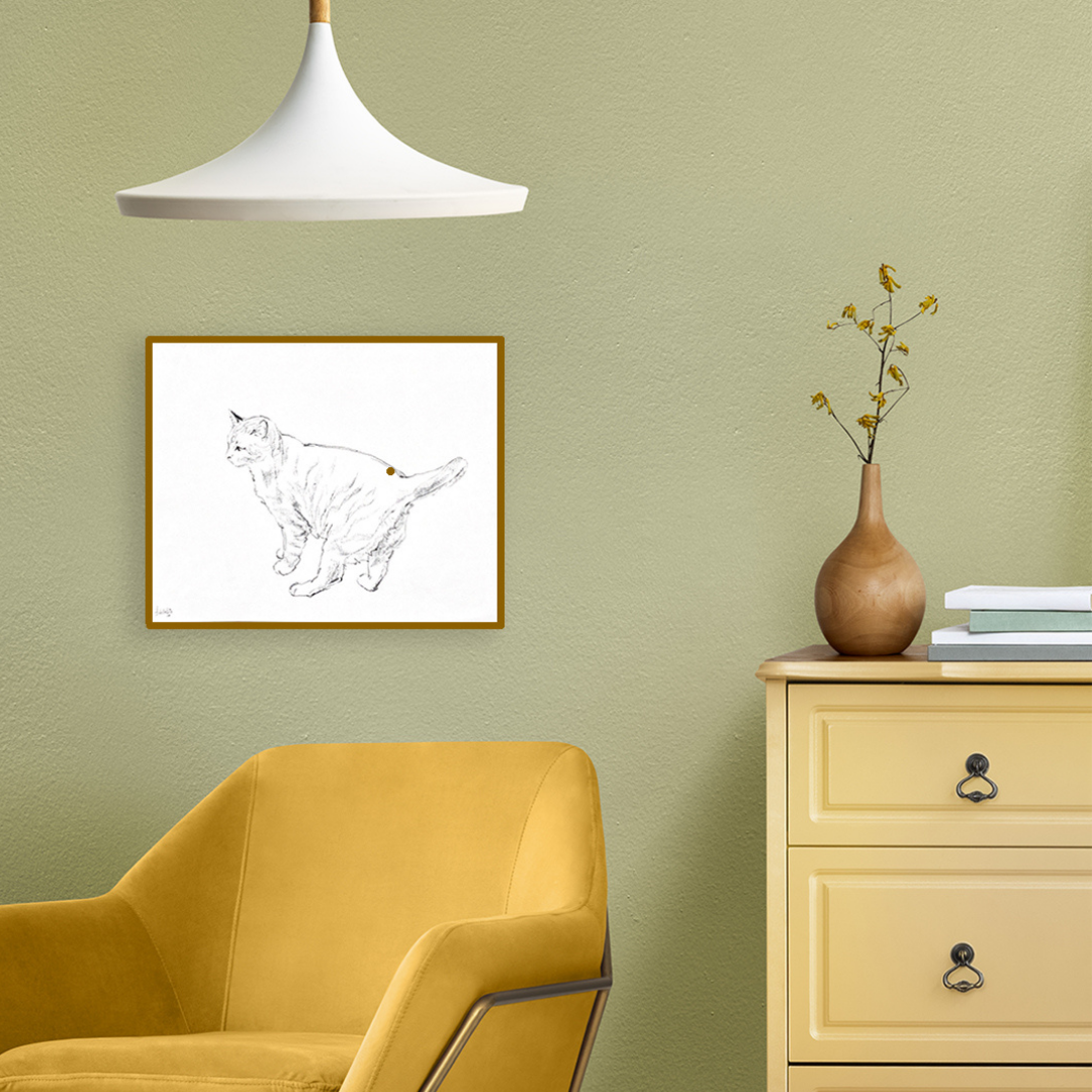 Bozzetto originale di gatto incorniciato su parete verde