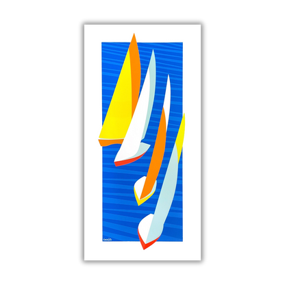 Quadro Serigrafia contemporanea 'Grecale' della Collezione Emozione Vela, con vele colorate al vento, firmata e numerata da Amleto dalla Costa, 36,5x72 cm.