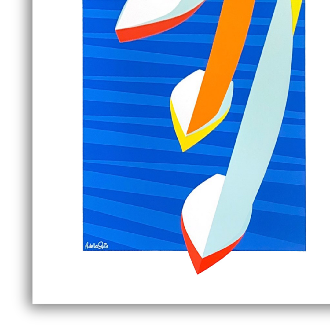 Dettaglio Serigrafia contemporanea 'Grecale' della Collezione Emozione Vela, con vele colorate al vento, firmata e numerata da Amleto dalla Costa, 36,5x72 cm.