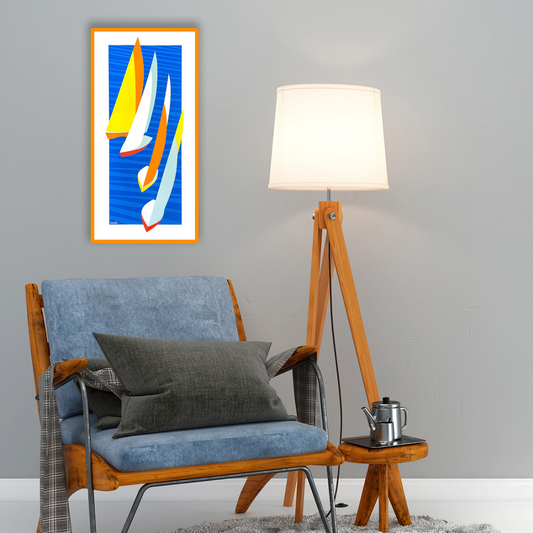 Ambientazione Serigrafia contemporanea 'Grecale' della Collezione Emozione Vela, con vele colorate al vento, firmata e numerata da Amleto dalla Costa, 36,5x72 cm.