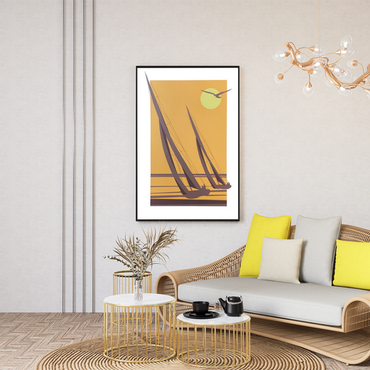 Ambientazione Salotto Quadro Serigrafia "Ponente" di Amleto Dalla Costa, un'opera che evoca la tranquillità del mare al tramonto, per un tocco di eleganza nella tua casa.