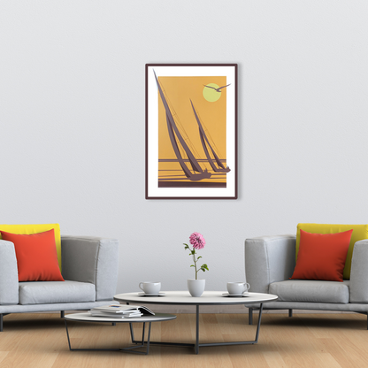 Ambientazione con divani Quadro Serigrafia "Ponente" di Amleto Dalla Costa, un'opera che evoca la tranquillità del mare al tramonto, per un tocco di eleganza nella tua casa.
