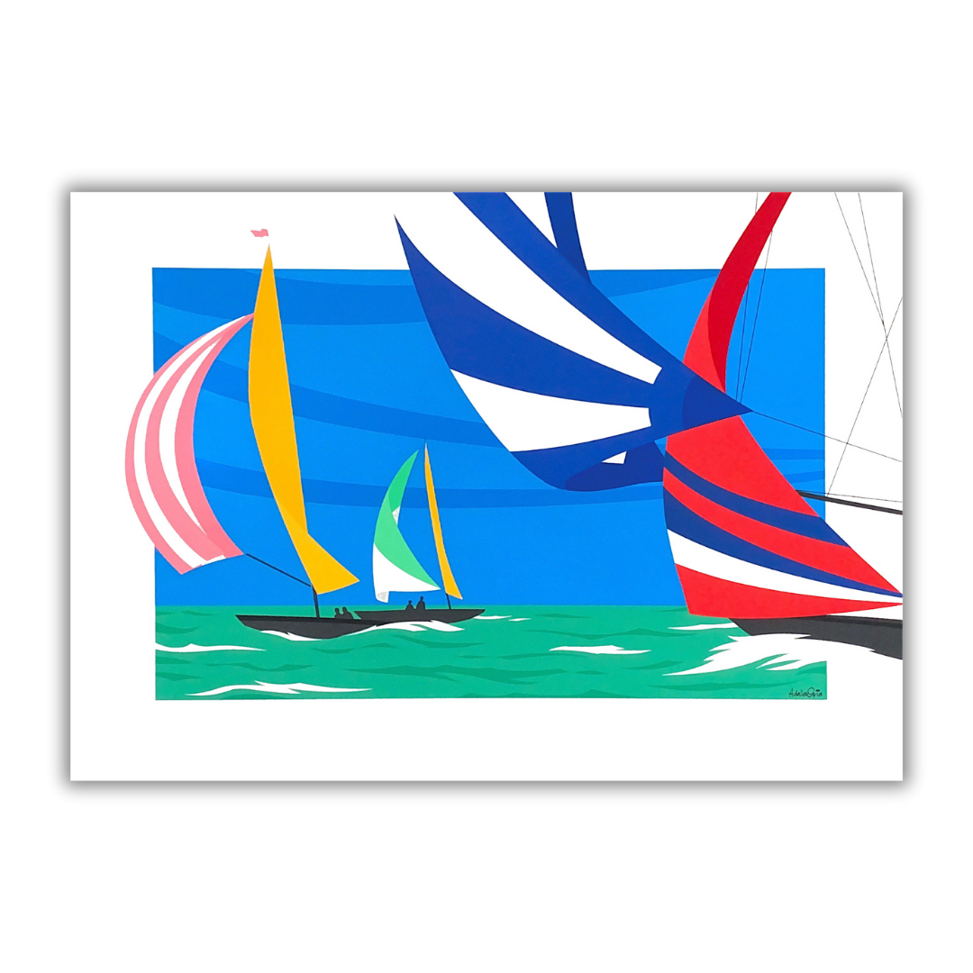 Quadro Serigrafia artistica 'Alisei' firmata da Amleto dalla Costa, rappresentazione vibrante di barche a vela, parte della Collezione Emozione Vela, 75x55 cm.