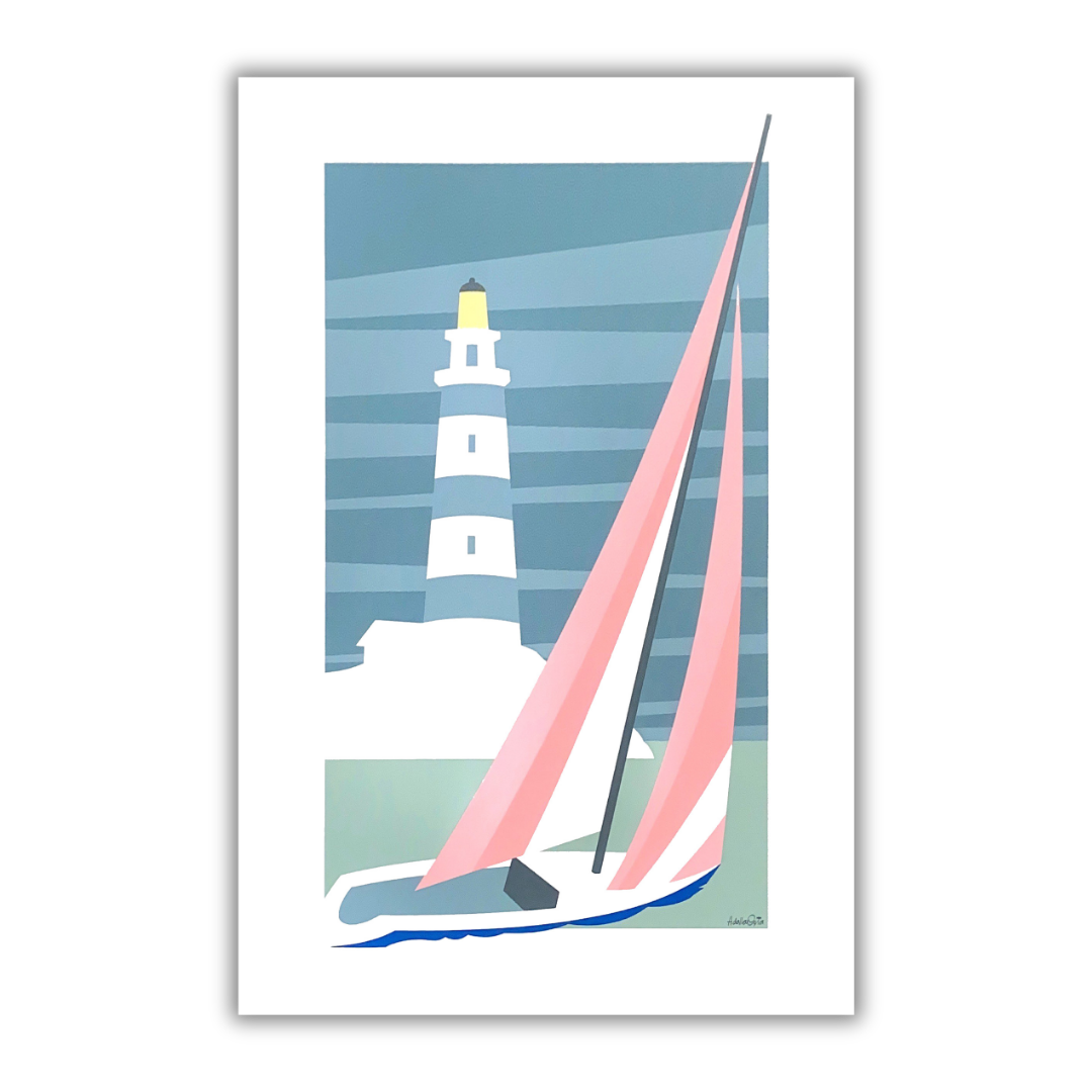 Quadro Serigrafia 'Il Faro' di Amleto dalla Costa, arte nautica con un faro e barca a vela, parte della prestigiosa Collezione Emozione Vela, 42x64 cm.